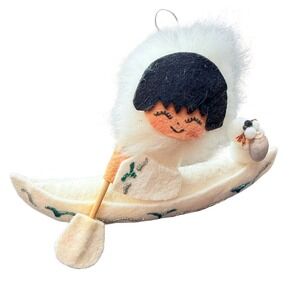 Vintage Handmade Felt Ornament Eskimo Child Canoe Paddle Seal Vintage‎ Christmas